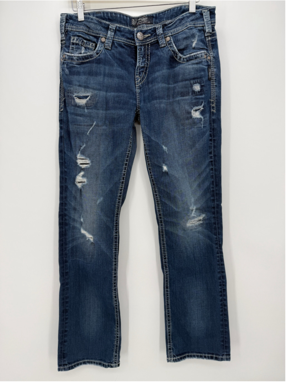 Silver Jeans Y2K Blue Distressed Aiko Baby Boot Cut Pants Women size W30/L33